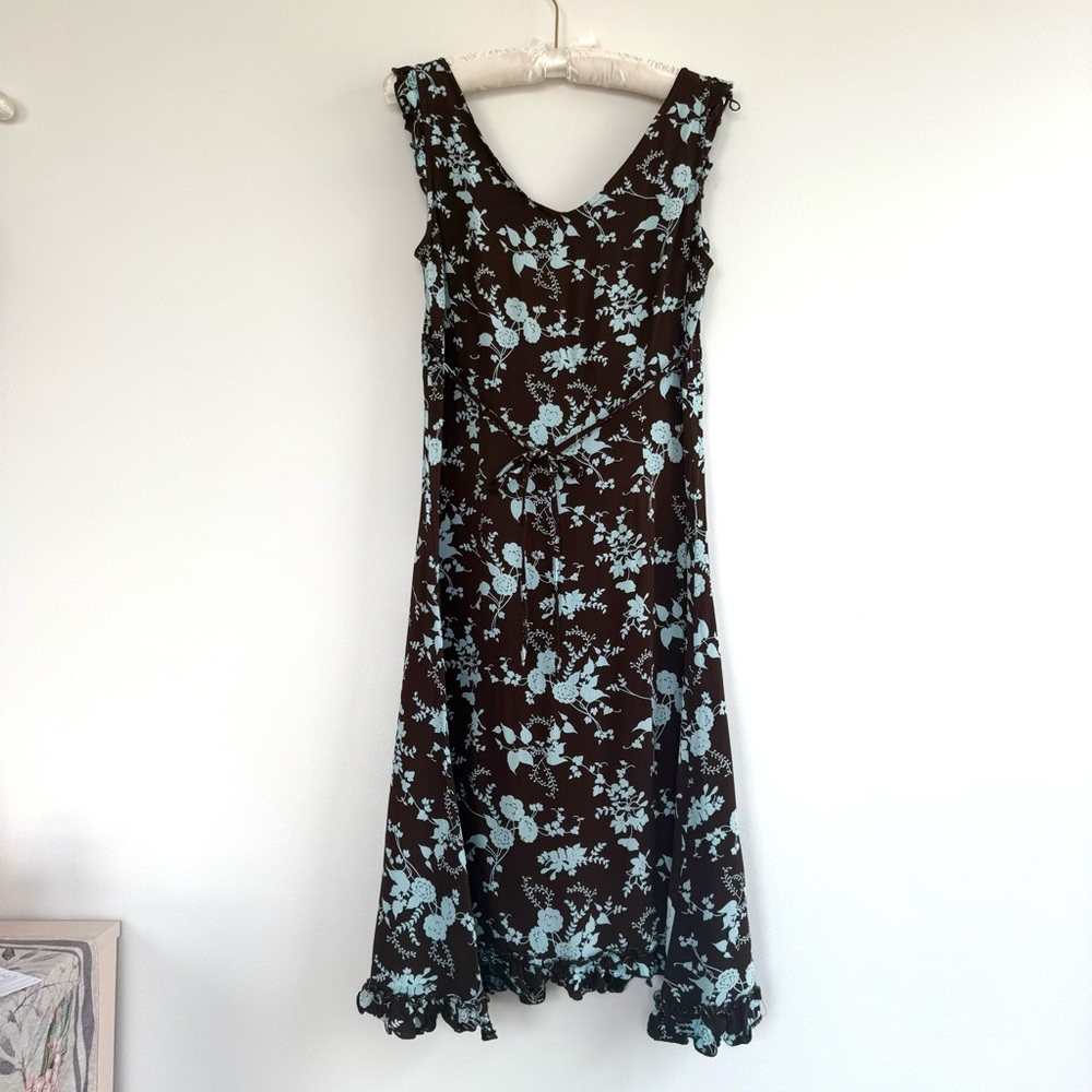 Vintage brown and blue floral midi/mini dress - Picture 4 of 7